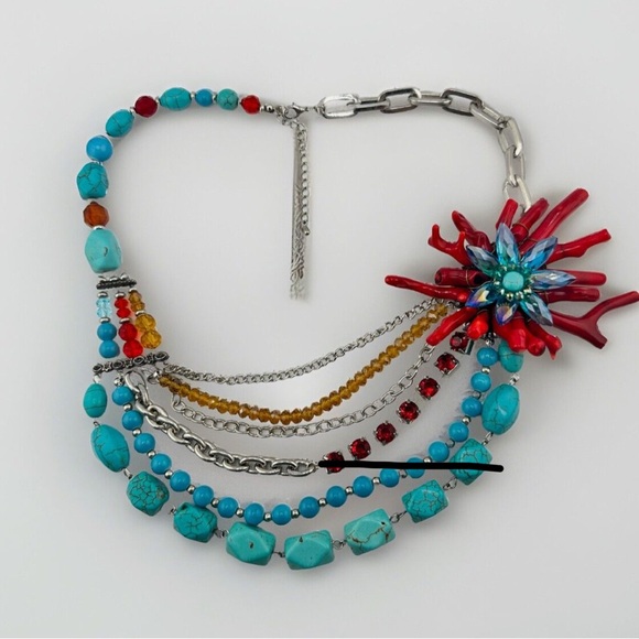 Branch Coral Crystal Faux Turquoise Multistrand Handmade Statement Necklace Set - Picture 11 of 14